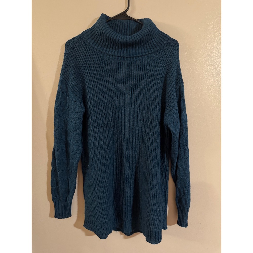 St. Johns Bay Teal Blue Cable Knit Turtleneck Sweater Womens Large Ribbed